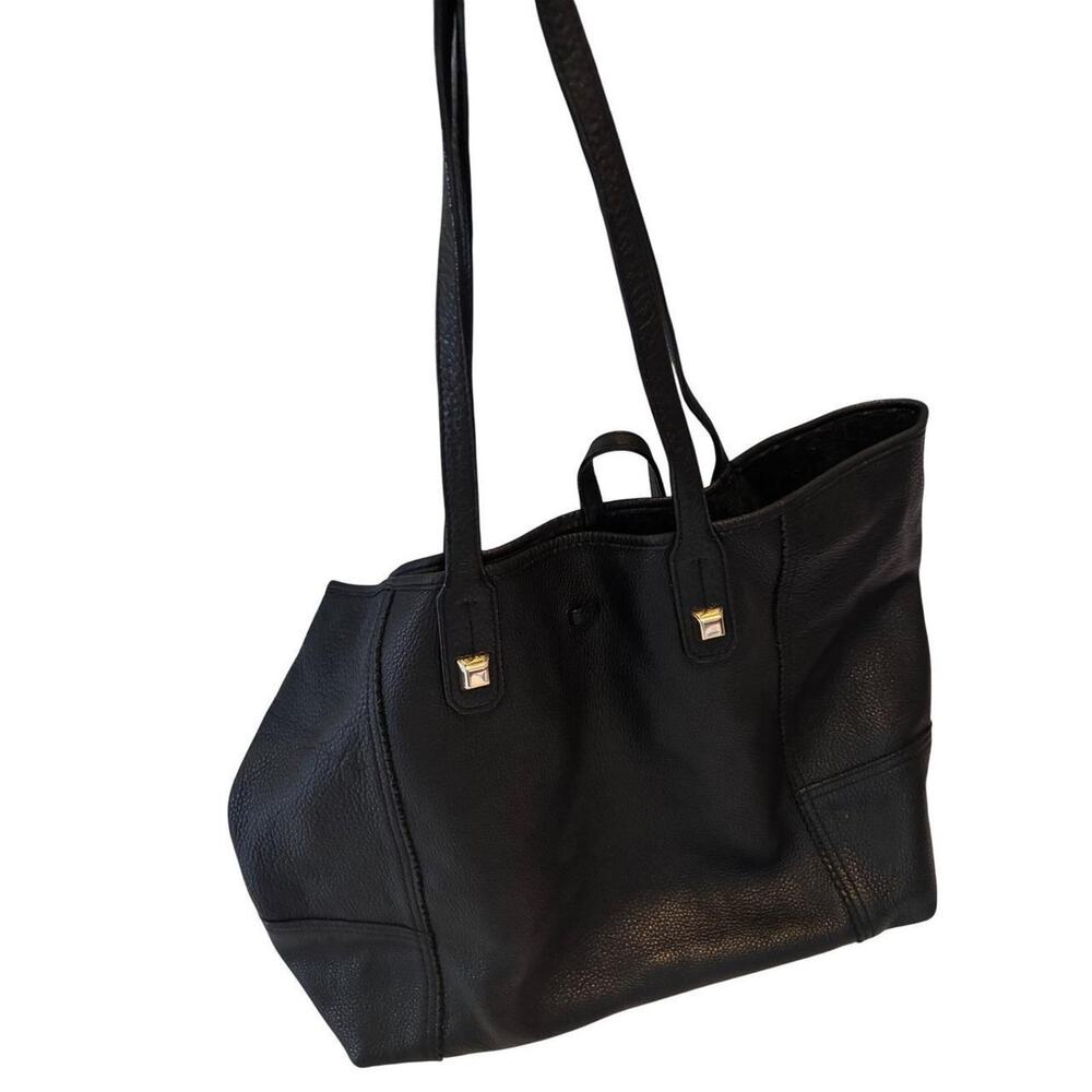 Stella & Dot Black Pebbled Leather Tote Bag Snakeskin Lining Gold Studs Shoulder